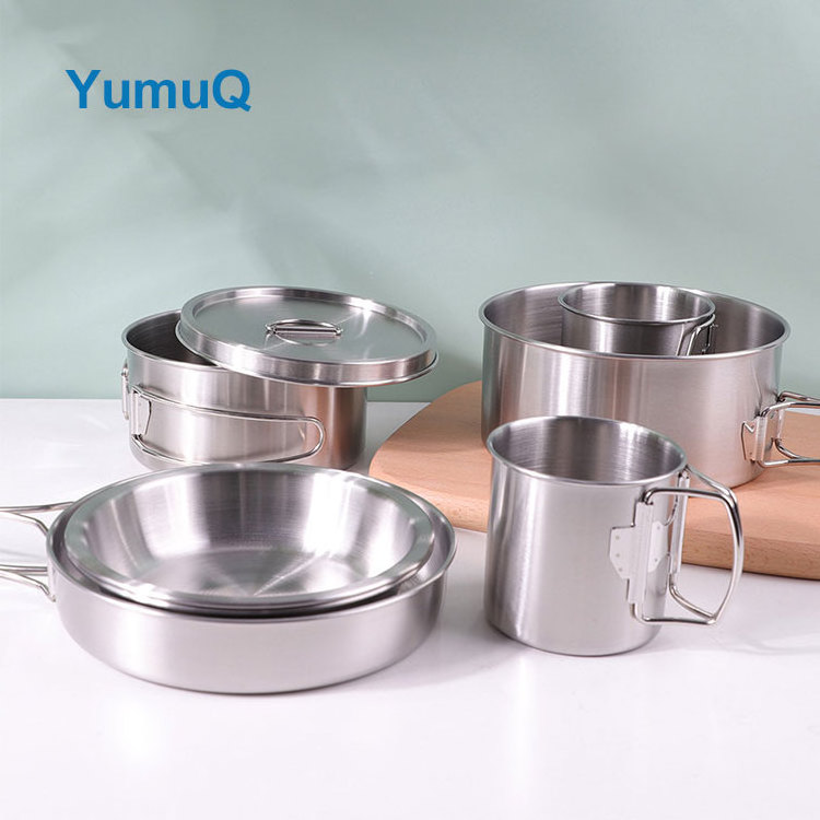 YumuQ Outdoor Portable Picnic Equipment Stainless Steel Cooking Camping Picnic Cookware Sets With Cutlery