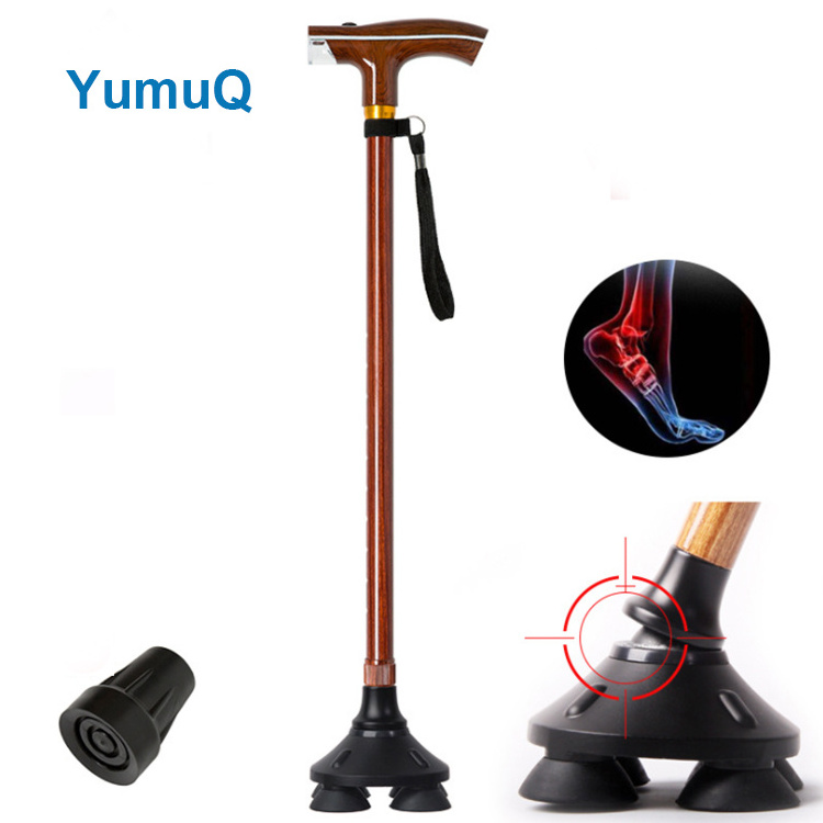 YumuQ 92cm Foldable Aluminum 6061 Four Legs Walking Stick With Torch , Wooden Old Man Walking Stick Cane