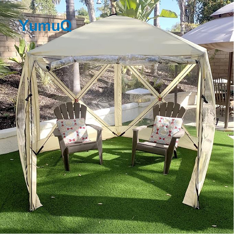 YumuQ 12' x 12' PVC 6 Side Hexagon Camping Screen House Bubble Automatic Pop Up Hub Clear Tent