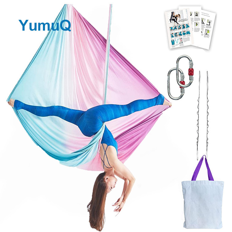 YumuQ Extension Straps Anti Gravity Elastic Gradient Blue Color Aerial Flying Yoga Silk Swing Fitness Hammock