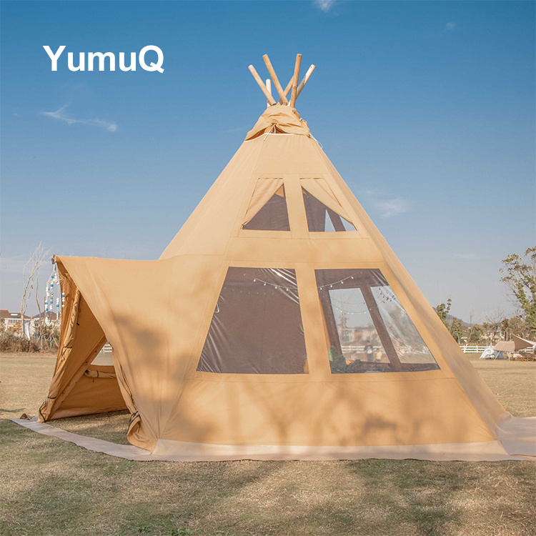 YumuQ High Quality Waterproof Big Space Pyramid Tipi White Canvas Glamping Tent For Outdoor Camping