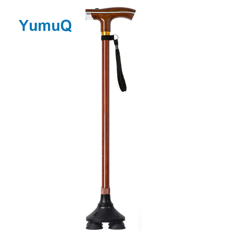 YumuQ 92cm Foldable Aluminum 6061 Four Legs Walking Stick With Torch , Wooden Old Man Walking Stick Cane