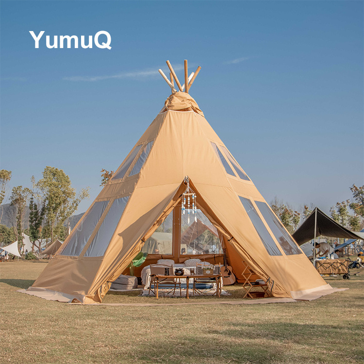 YumuQ High Quality Waterproof Big Space Pyramid Tipi White Canvas Glamping Tent For Outdoor Camping