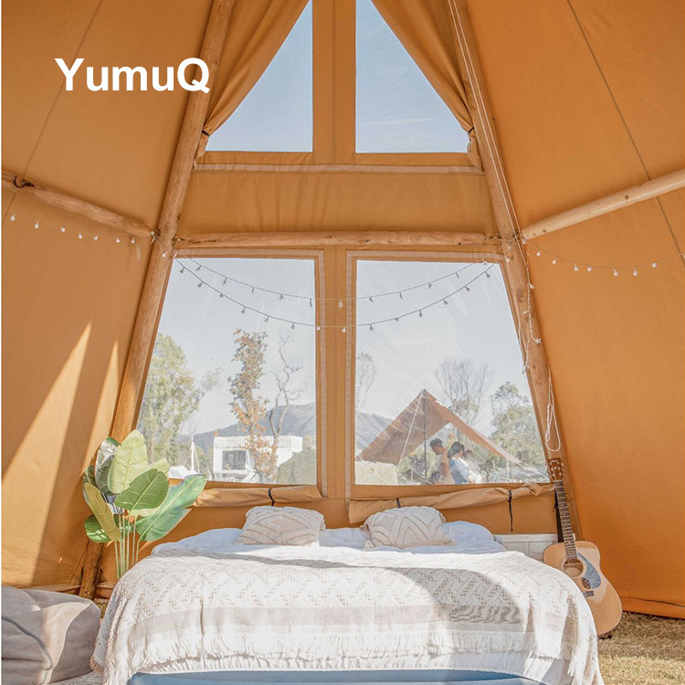 YumuQ High Quality Waterproof Big Space Pyramid Tipi White Canvas Glamping Tent For Outdoor Camping