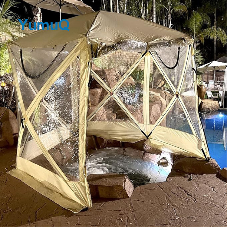 YumuQ 12' x 12' PVC 6 Side Hexagon Camping Screen House Bubble Automatic Pop Up Hub Clear Tent