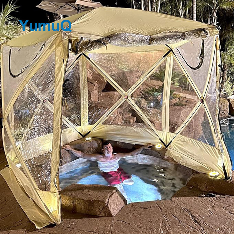 YumuQ 12' x 12' PVC 6 Side Hexagon Camping Screen House Bubble Automatic Pop Up Hub Clear Tent