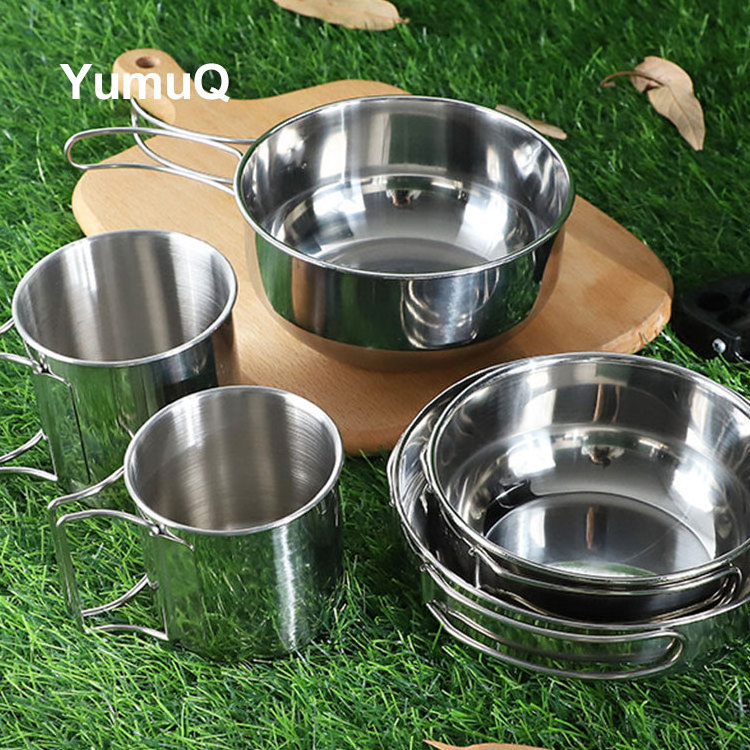 YumuQ Outdoor Portable Picnic Equipment Stainless Steel Cooking Camping Picnic Cookware Sets With Cutlery