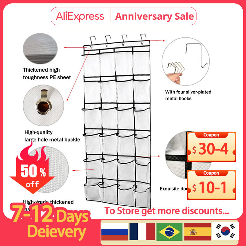 24 Grid Wall mounted Sundries Shoe Organiser Fabric Closet Bag Storage Rack Mesh Pocket Clear Hanging Over The Door Cloth Box