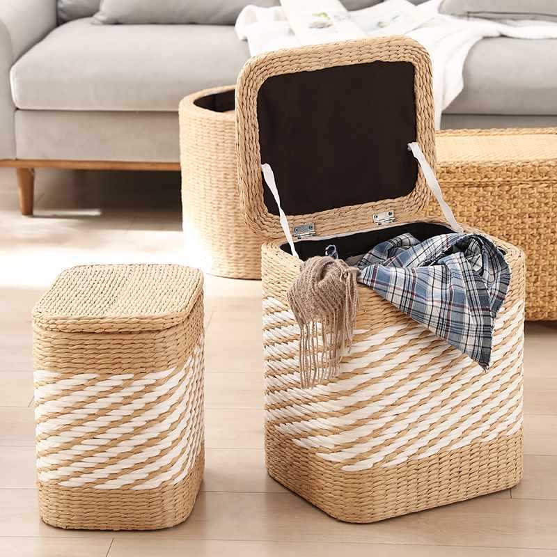 Rattan woven multi-functional solid wood storage stool living room can sit storage woven small stool home door wear shoes