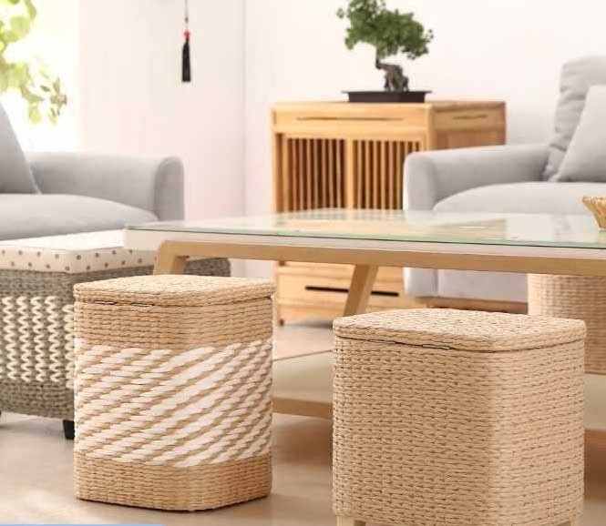 Rattan woven multi-functional solid wood storage stool living room can sit storage woven small stool home door wear shoes