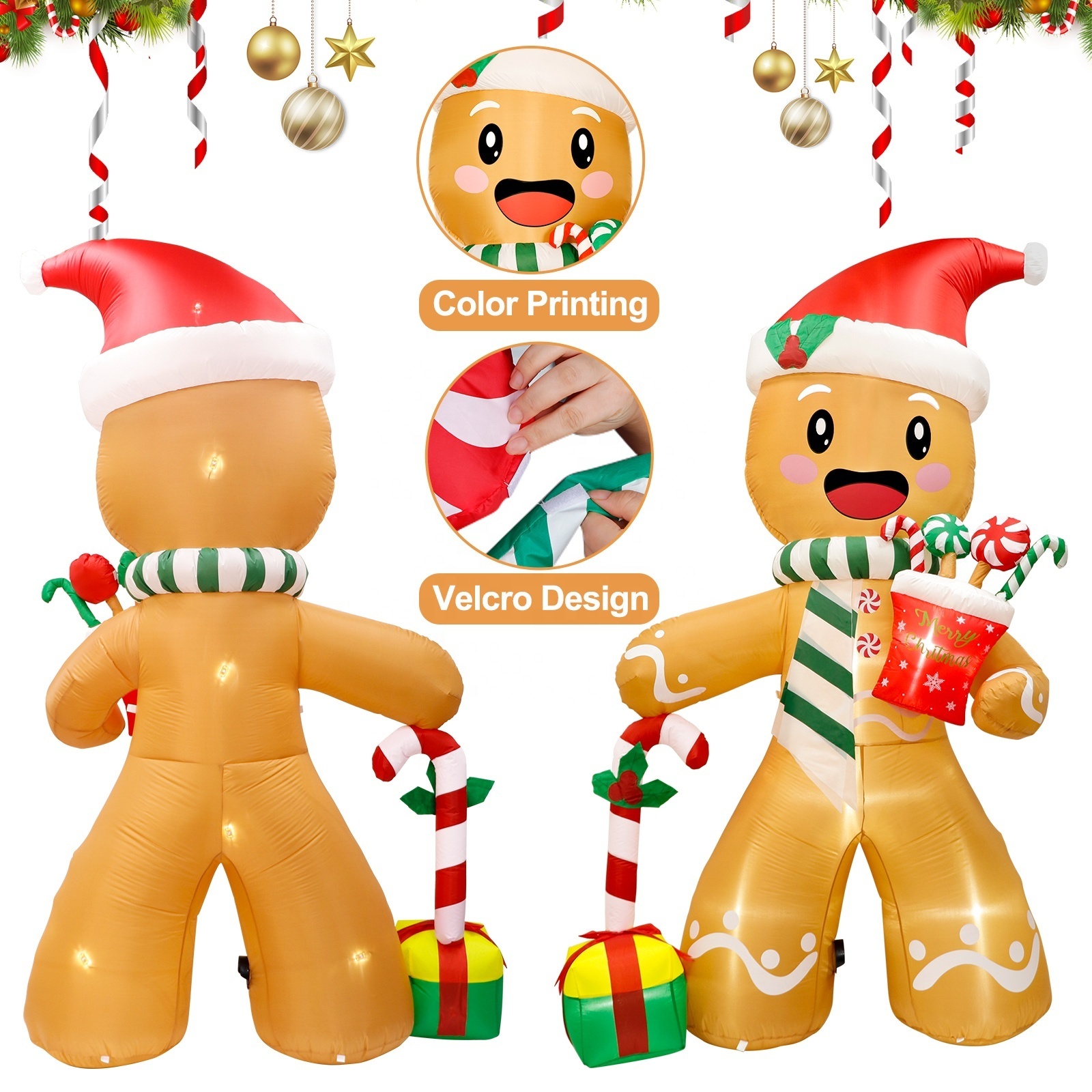 Ourwarm 8FT Gingerbread Man with Santa Hat gift box LED Lights Blow Up Yard Decor, 8 Feet High Brown Christmas inflatable