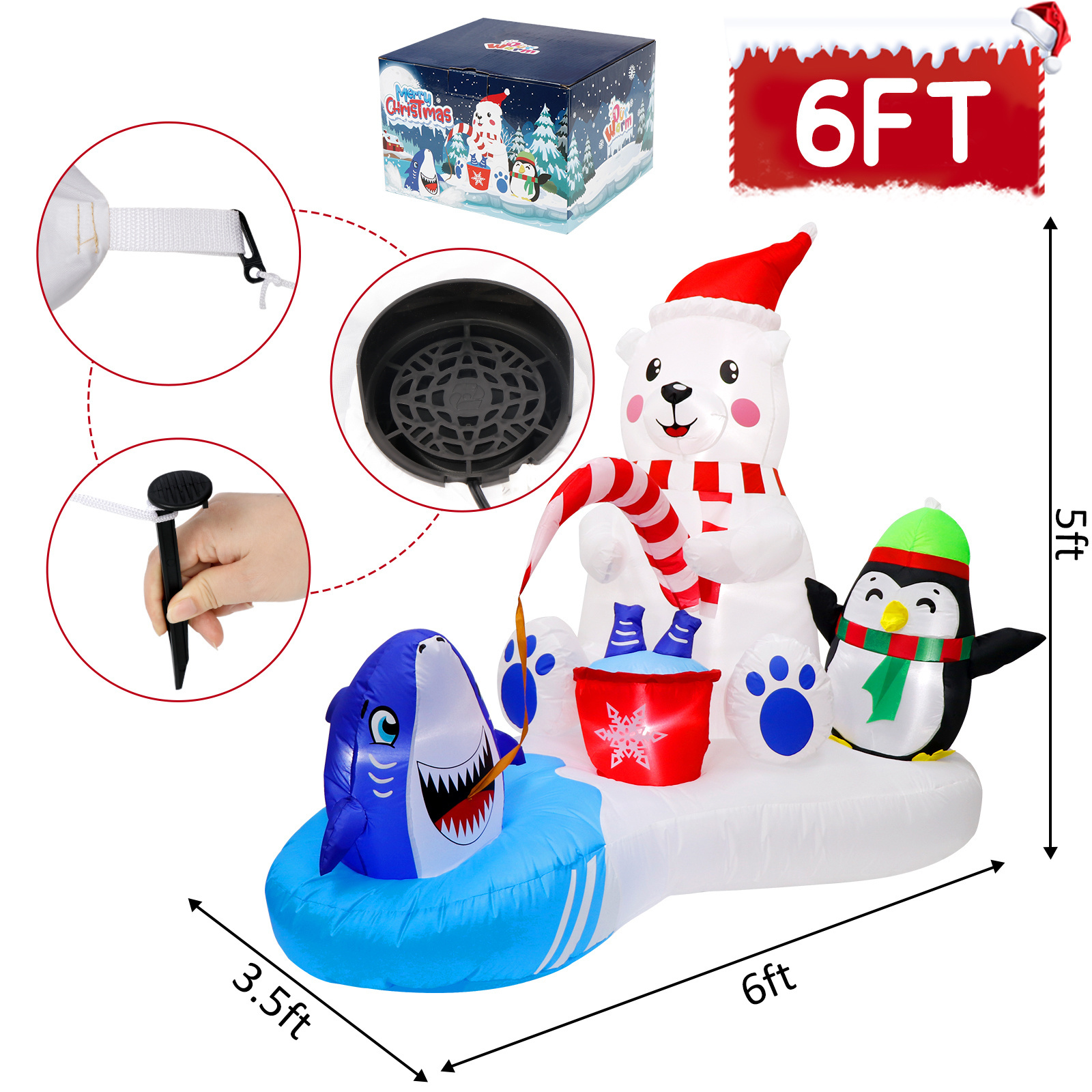 OurWarm Christmas Inflatables Outdoor Decorations Polar Bear Fishing with Penguin Inflatable Christmas Blow Up Yard Decorations