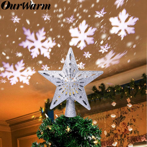 OurWarm 3D Glitter Star LED Christmas Tree Topper with Built-in Rotating White Snowflake Projector Laser Christmas Tree Ornament