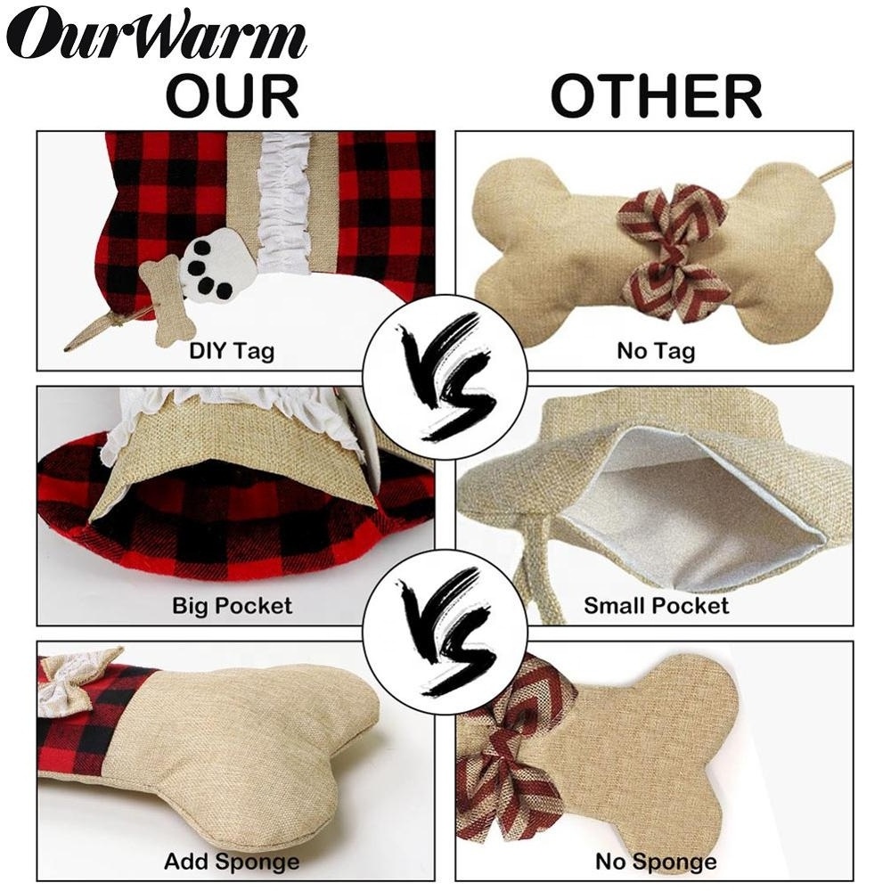 Ourwarm Custom Animal Dog Pet Bone Jute Buffalo Plaid Sock Christmas Stocking For Christmas Decorations