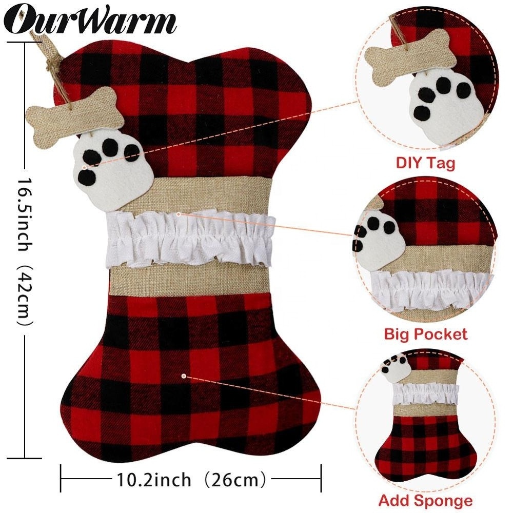 Ourwarm Custom Animal Dog Pet Bone Jute Buffalo Plaid Sock Christmas Stocking For Christmas Decorations