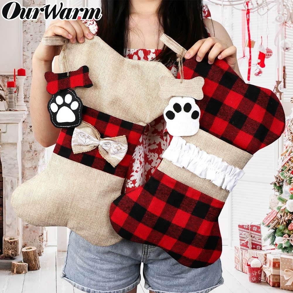 Ourwarm Custom Animal Dog Pet Bone Jute Buffalo Plaid Sock Christmas Stocking For Christmas Decorations