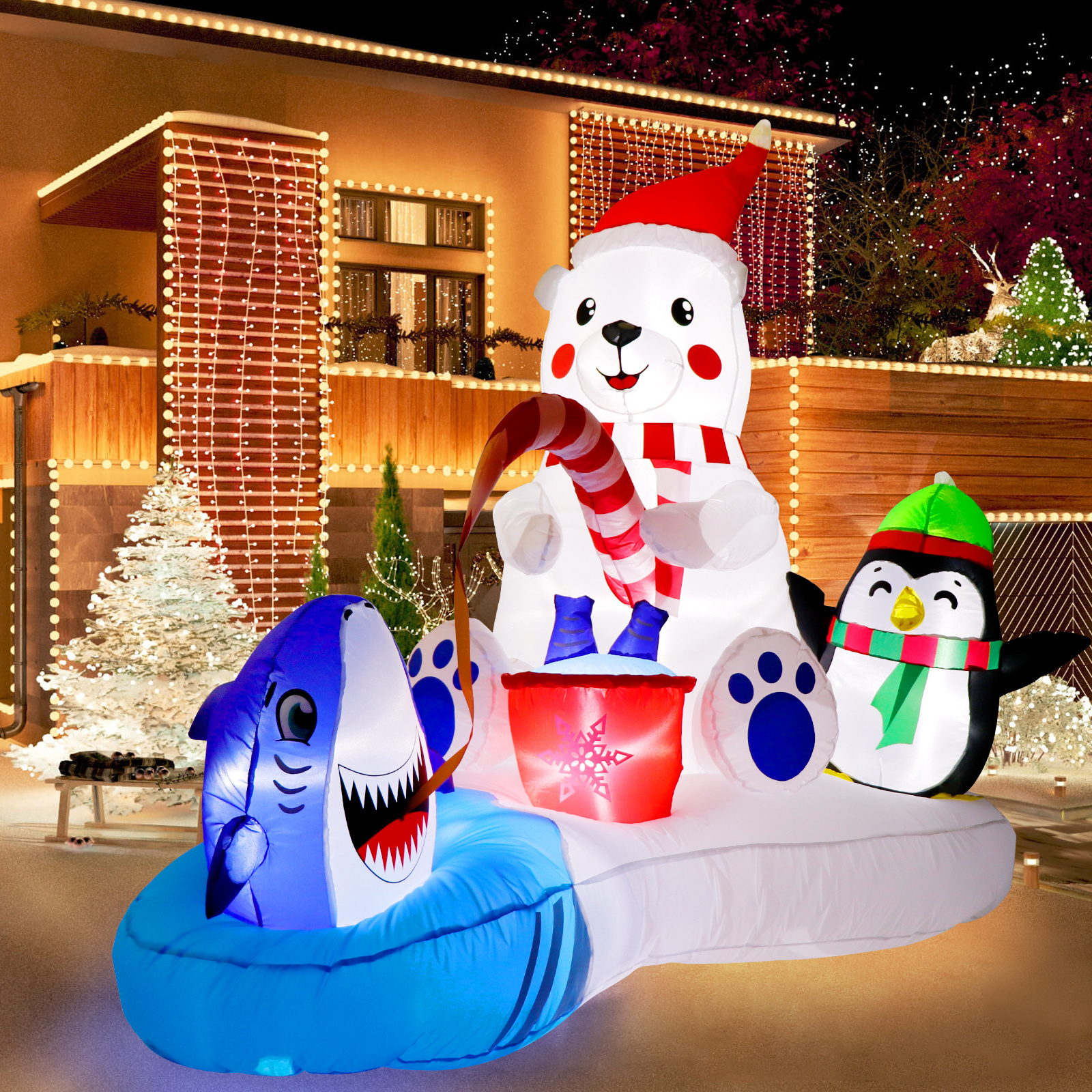 OurWarm Christmas Inflatables Outdoor Decorations Polar Bear Fishing with Penguin Inflatable Christmas Blow Up Yard Decorations