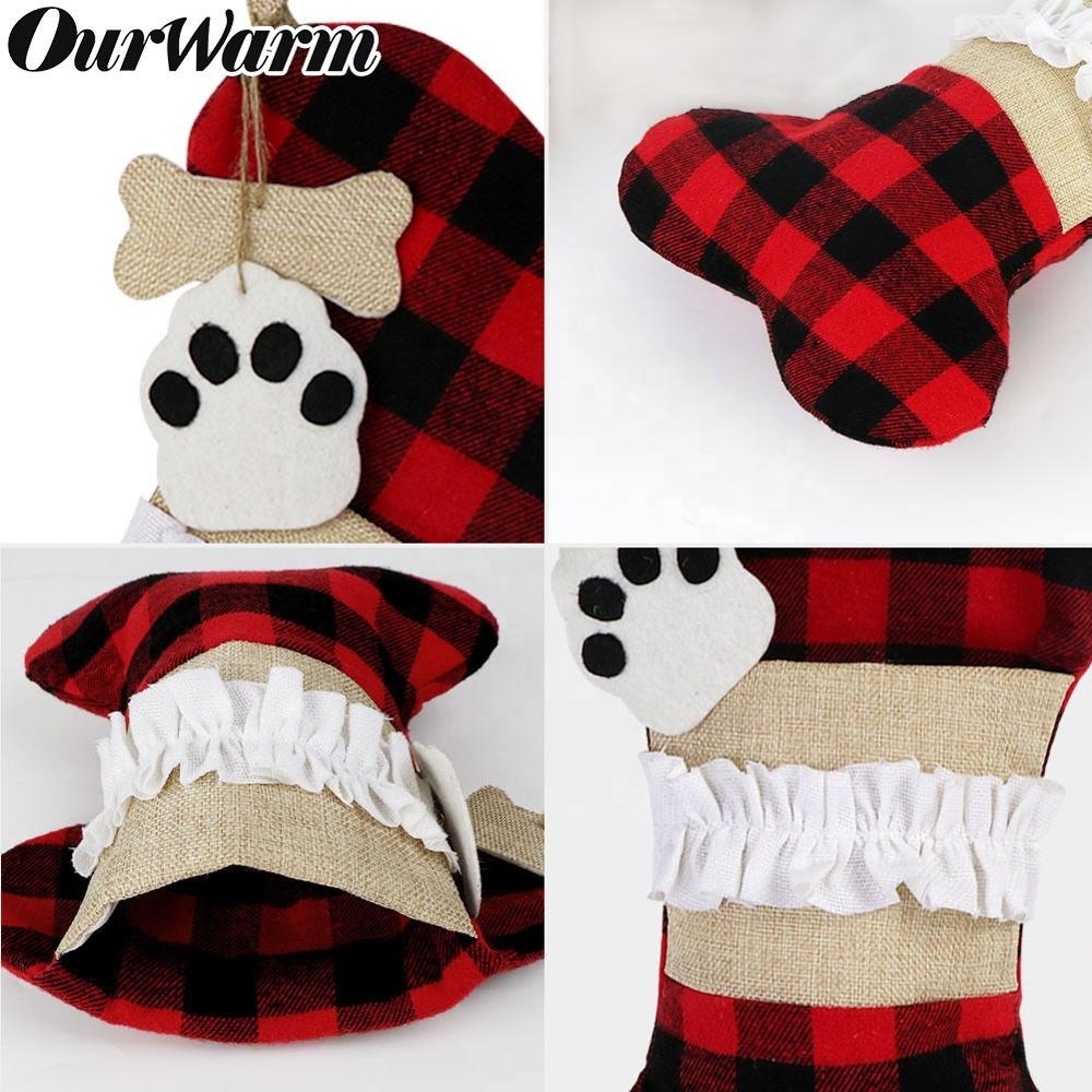 Ourwarm Custom Animal Dog Pet Bone Jute Buffalo Plaid Sock Christmas Stocking For Christmas Decorations