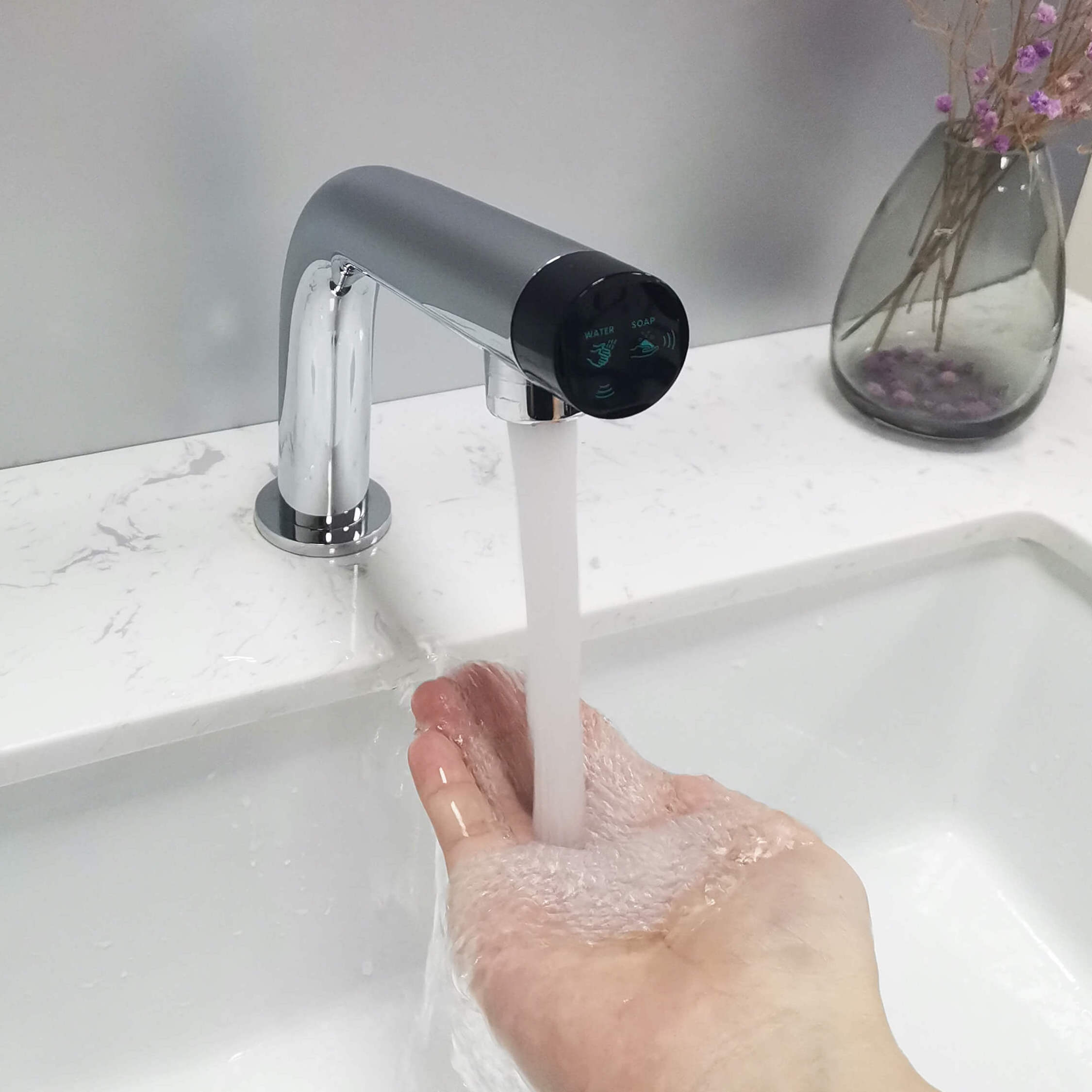 New Design 2 in 1 Automatic Water Faucet and Soap Dispenser SUS Long Sensor Hot and Cold Basin Tap and Hand Soap Dispenser