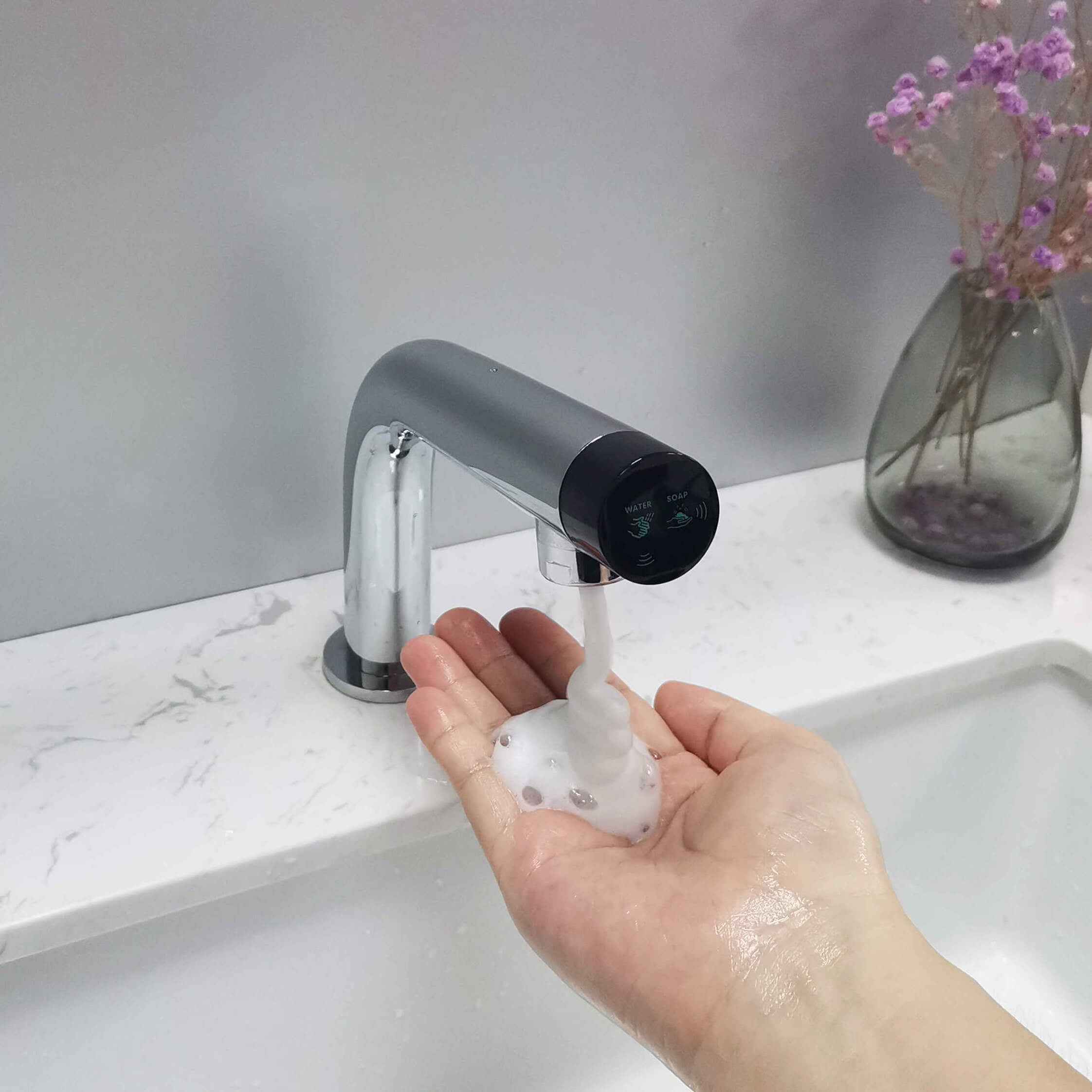 New Design 2 in 1 Automatic Water Faucet and Soap Dispenser SUS Long Sensor Hot and Cold Basin Tap and Hand Soap Dispenser