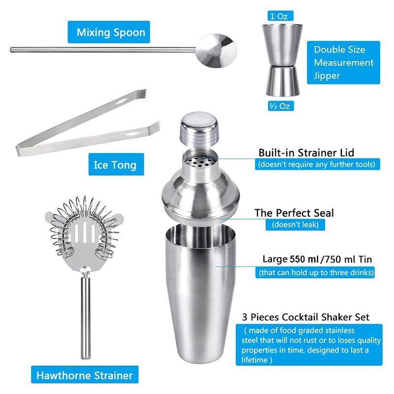 New product bar tools stainless steel cocktail shaker set 5pcs wine boston cocktail shaker