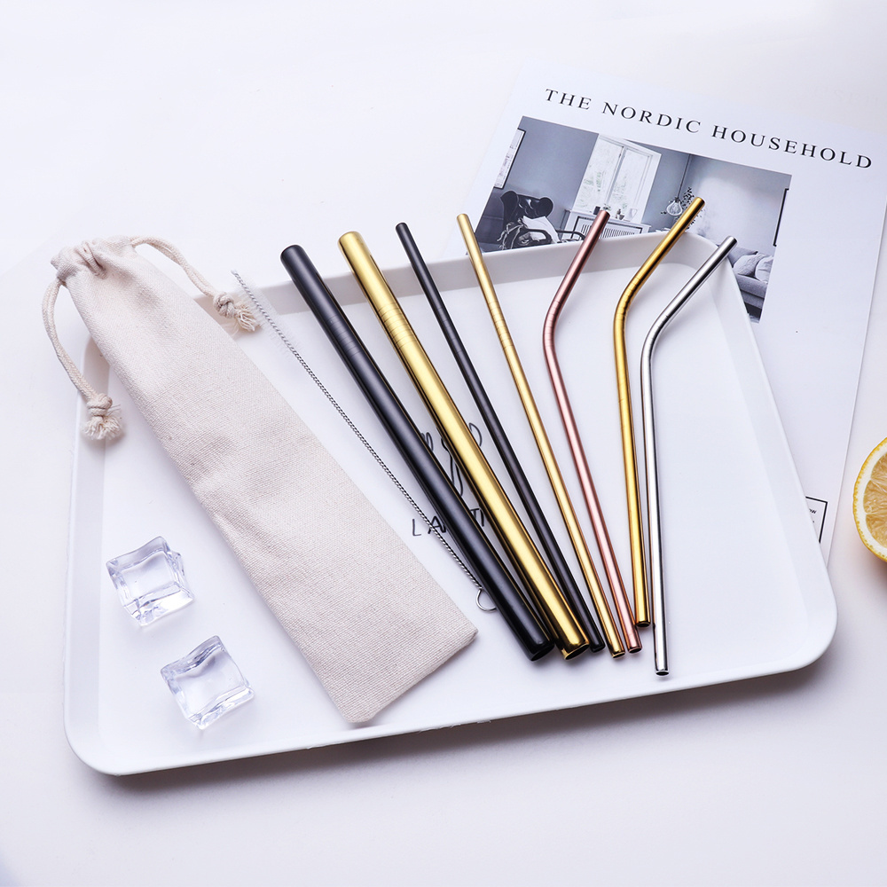 Top selling reusable stainless steel wholesale metal 304 drinking straws with cleaning brush bag customized logo straw