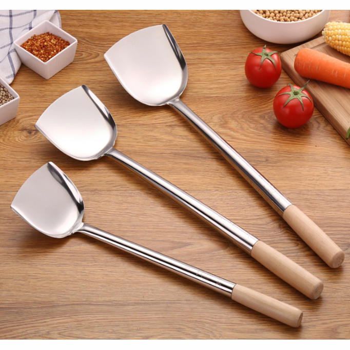 Best-selling restaurant stainless steel cooking tools  with wooden handle spatula