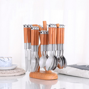 Hot Selling Wooden Gian Handle Stainless Steel Flatware Set Knife Fork Spoon Portable 24pcs Present Tableware Set With Rack