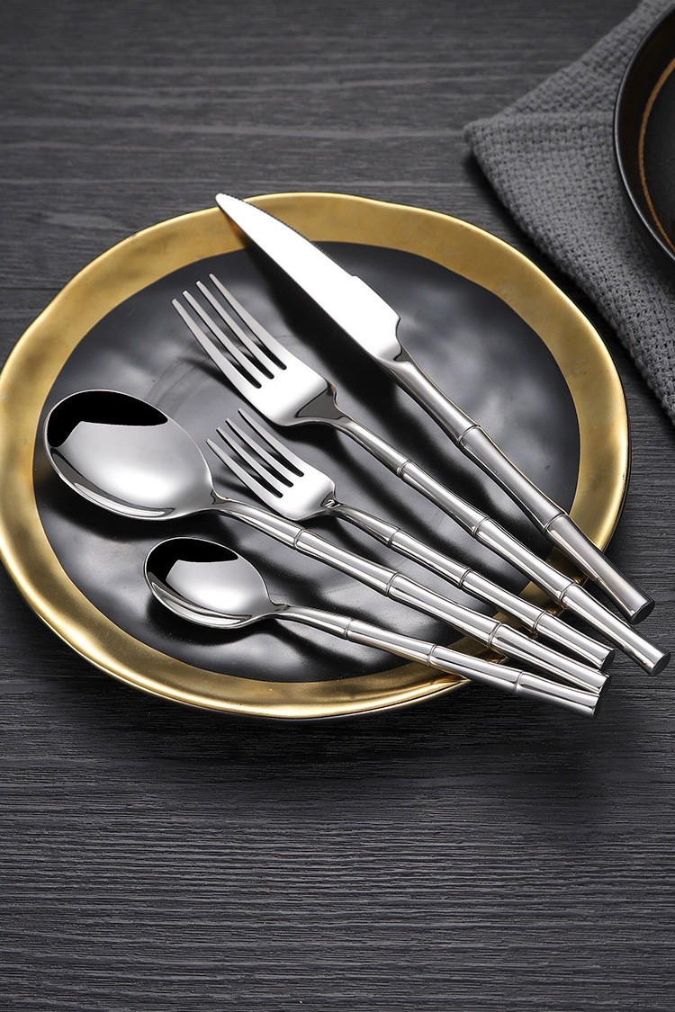 New Product Bamboo Design Handle Bulk Flatware 304 Stainless Steel Cutlery Gold Mirror Metal Silverware Set