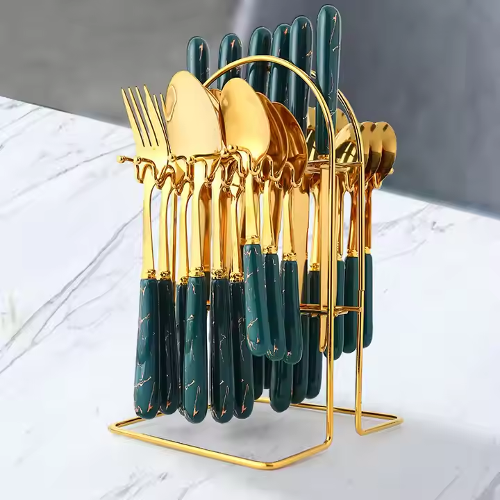 Hot Sale High quality exquisite Ceramic handle Flatware 24pcs gold stainless steel cutlery set with Hang holder for Wedding