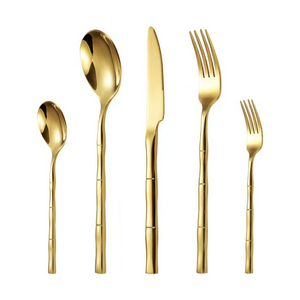 New Product Bamboo Design Handle Bulk Flatware 304 Stainless Steel Cutlery Gold Mirror Metal Silverware Set