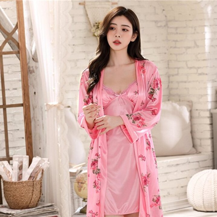 Beautiful nightgowns silk pajamas sleepwear set short sleeves lapel suit cartridge women's lively lovely home clothe