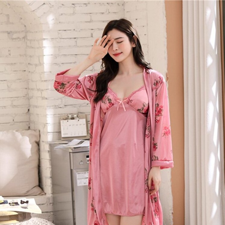 Beautiful nightgowns silk pajamas sleepwear set short sleeves lapel suit cartridge women's lively lovely home clothe