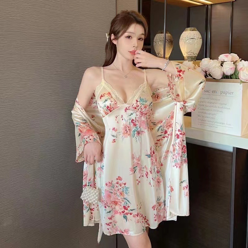 Beautiful nightgowns silk pajamas sleepwear set short sleeves lapel suit cartridge women's lively lovely home clothe