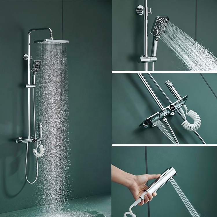 Multifunctional bathroom shower sets thermostatic with LED display shower faucet wall mount rainfall shower faucet system