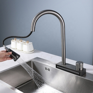 popular waterfall sink faucets Metal Grey 304 Stainless Steel waterfall Kitchen Sink mixer taps pull out kitchen sink faucet