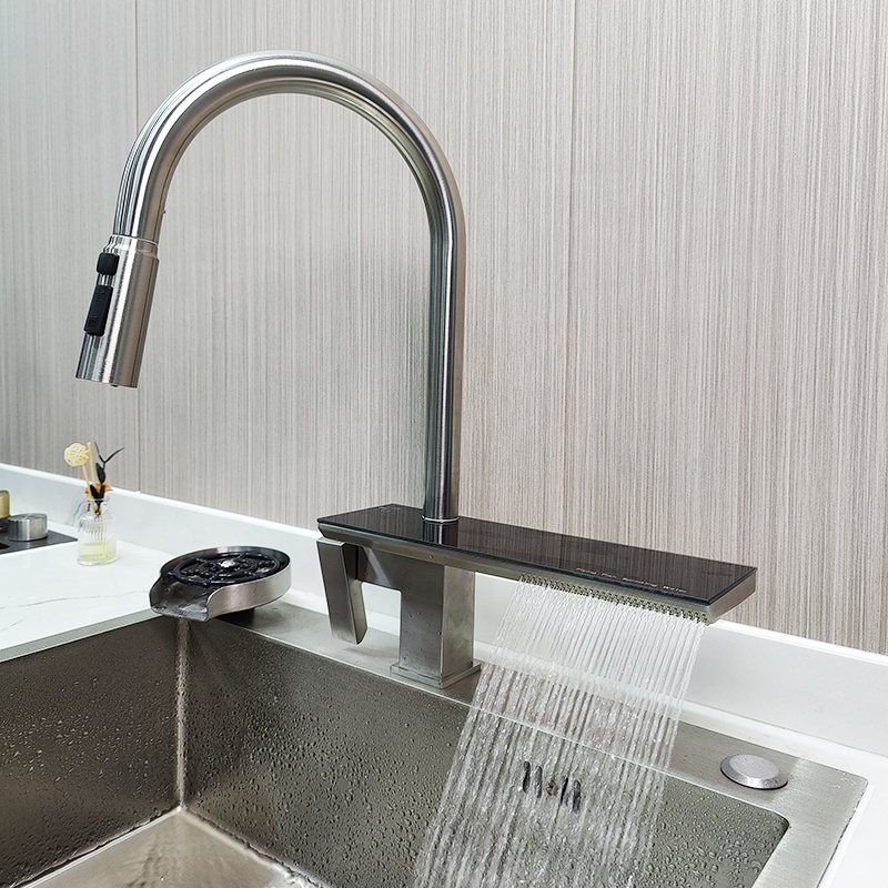 new style sink waterfall faucets SUS304 black sink mixer taps waterfall pull out spray kitchen sink faucet with four ways water