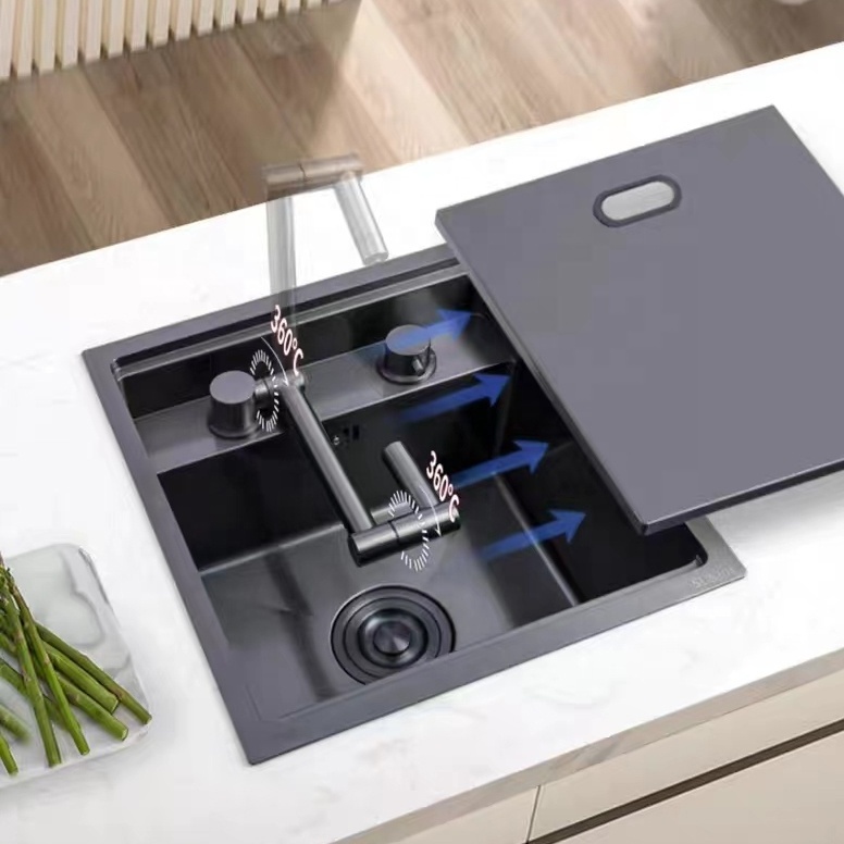 manufacture Hidden Black Stainless Steel kitchen sink Single Bar Small Size Concealed Balcony Sink with folding faucet