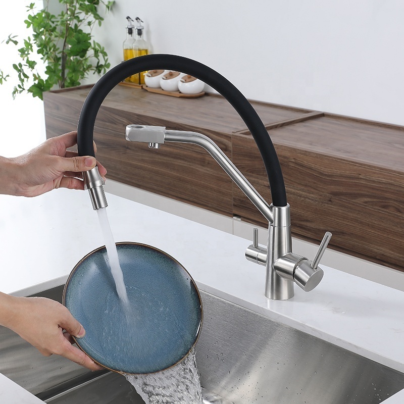 popular SUS304 Black kitchen faucet with Drinking Water tap Double Handle sink mixers Pull down Kitchen sink Faucets