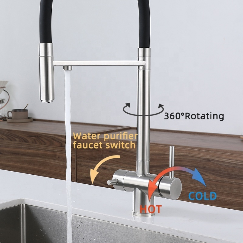 High Quality kitchen faucet with Drinking water tap 304 stainless steel Black double handle Pull down Kitchen Sink Faucets