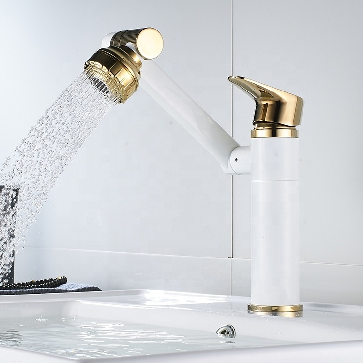 white brass universal rotating bathroom basin faucet single hole bathroom mixer taps Robot arm universal basin water tap gold