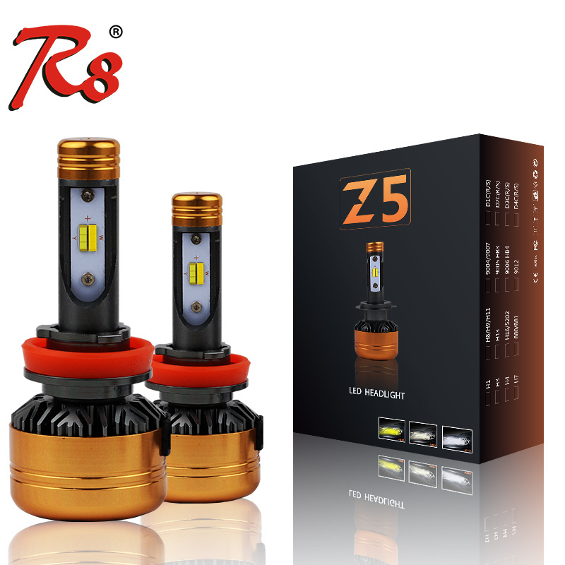 R8 Car Tricolor 3Color LED Headlight Z5 H1 H4 H7 H11 HB3 HB4 50W 5800LM 3000K 4300K 6000K Yellow White Dual Two Color LED Bulbs