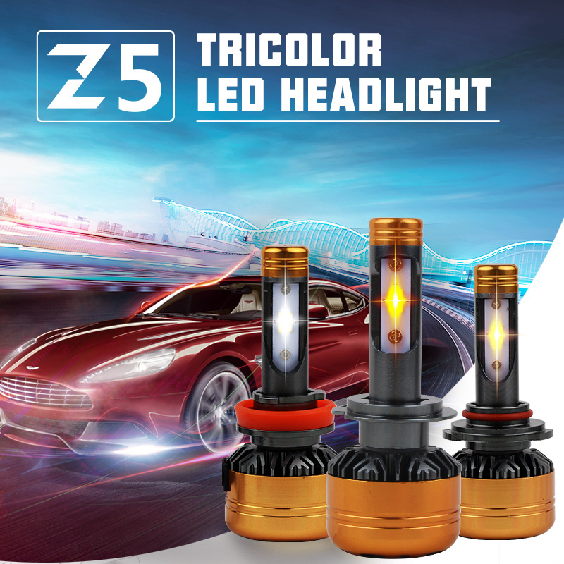 R8 Car Tricolor 3Color LED Headlight Z5 H1 H4 H7 H11 HB3 HB4 50W 5800LM 3000K 4300K 6000K Yellow White Dual Two Color LED Bulbs