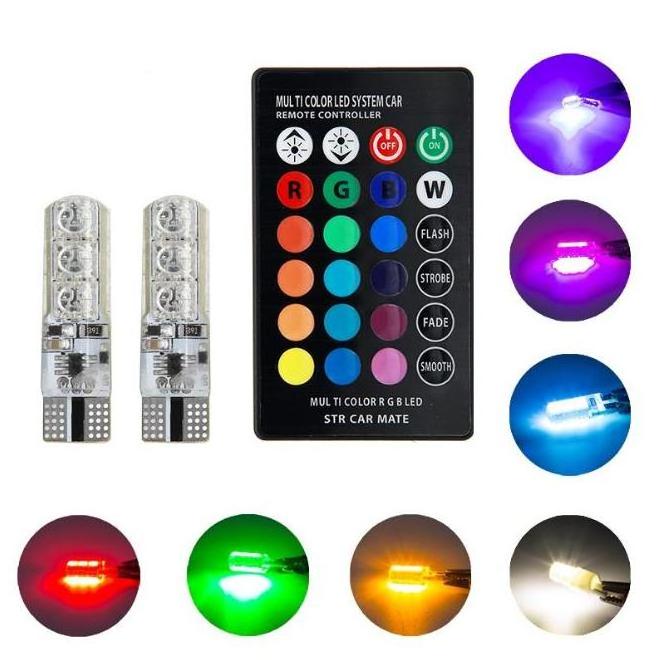 Car LED Atmosphere T10 RGB Signal Bulb 12V 100LM 6SMD 5050 With Remote Controller Silicone Strobe light Waterproof