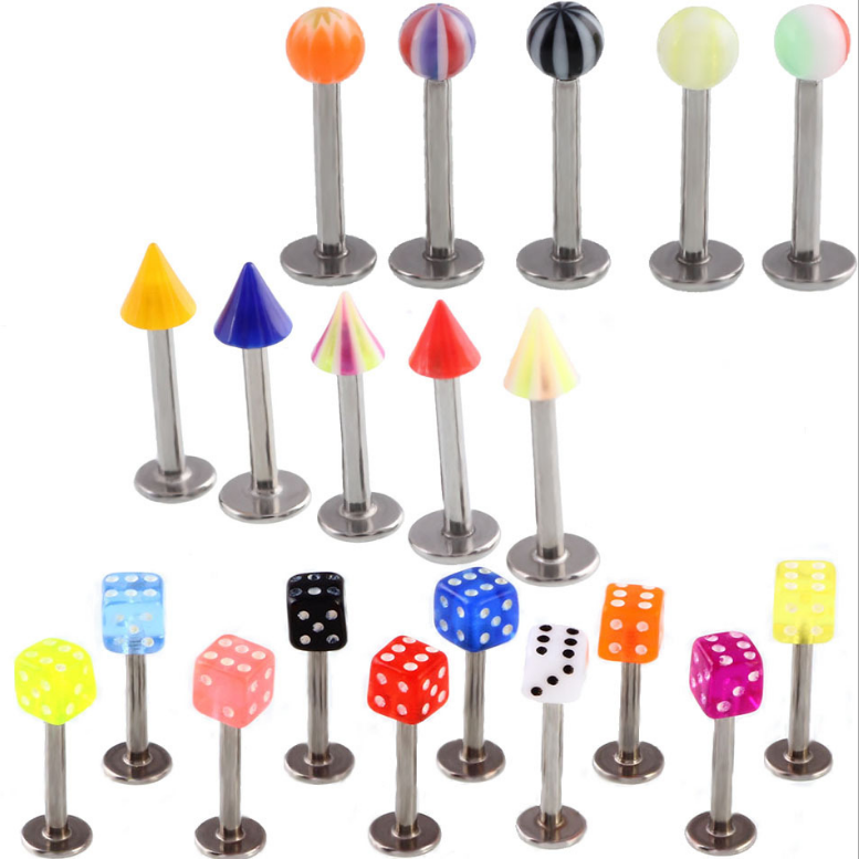 Hot sales stainless steel labret piercing colorful dice lip rings wholesale