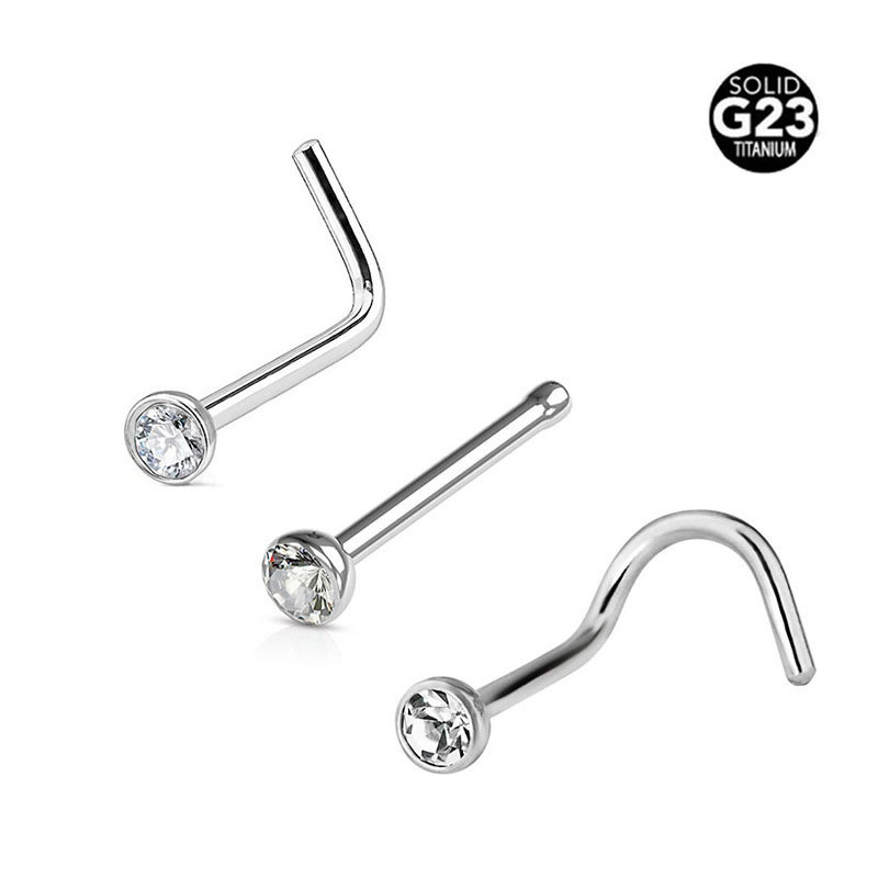 L-Shape G23 Titanium CZ Nose Screw Stud Nose Body Piercing Jewellery