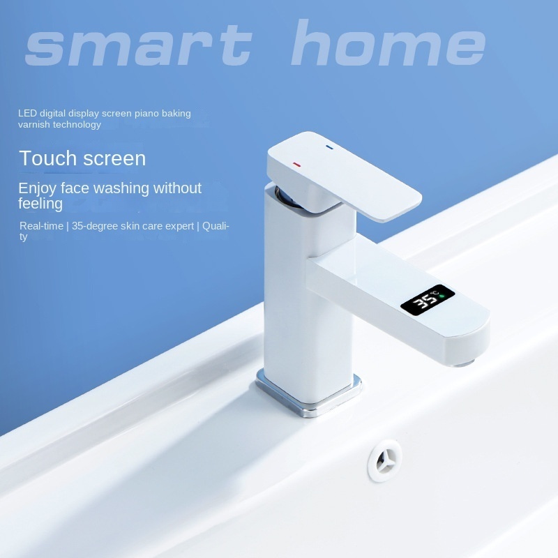 High Quality Stainless Steel Square Led Display White Bathroom Basin Mixer Smart Faucet