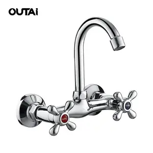 New design dual handle handwheel wall mounted bathroom lavatory brass basin mixer faucet