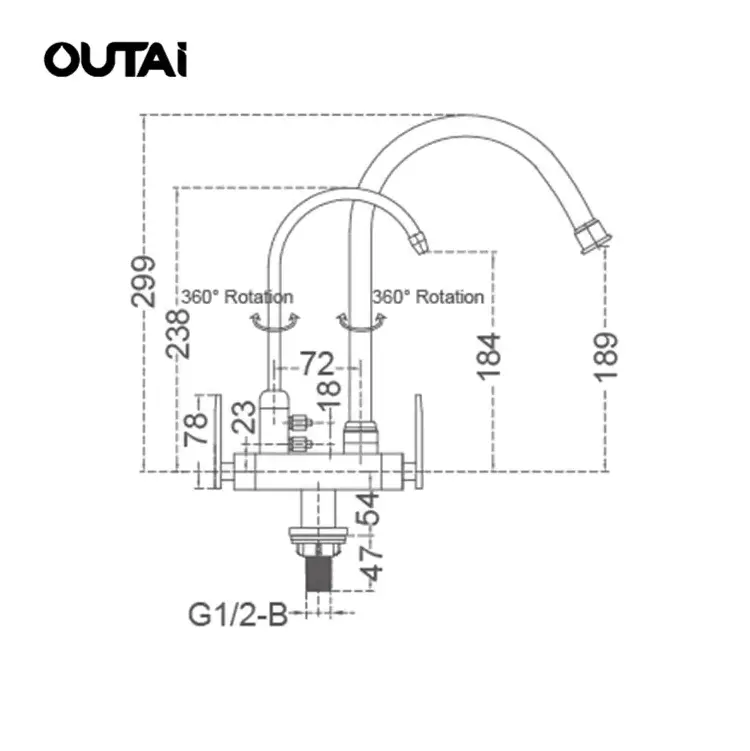 New design dual handle 2-way water tap 360 degrees rotation flexible kitchen double faucet