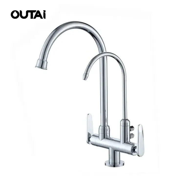 New design dual handle 2-way water tap 360 degrees rotation flexible kitchen double faucet